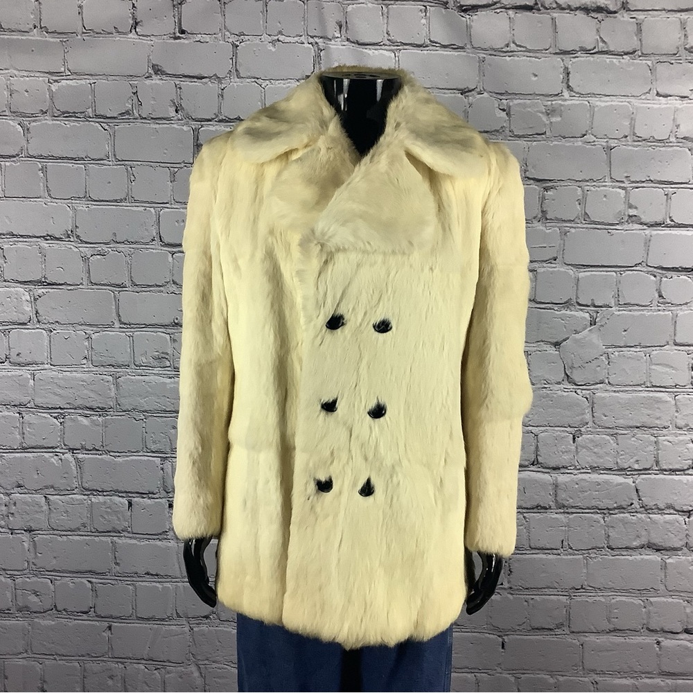 1990’s Vintage Rabbit Fur Coat Cream White Lined Size 40 Saxony Collared